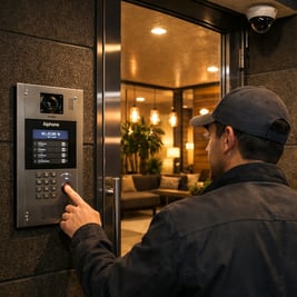 The image captures a modern apartment building entrance showcasing a sleek aiphone gtdmbn intercom entrance station mounted beside a shimmering glass